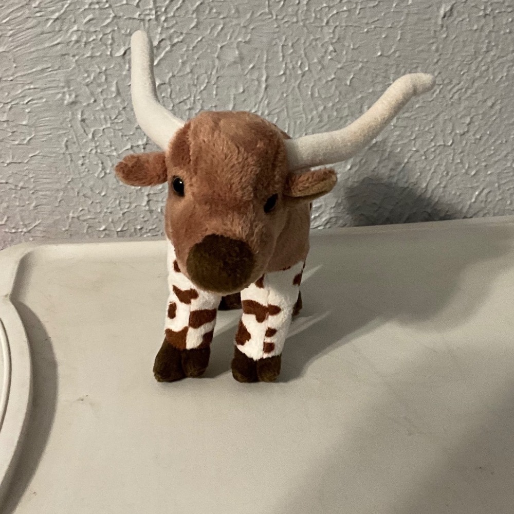Douglas Cuddle Toys Texas Longhorn Bull Plush Brown White Spotted 9 Inch Standin
